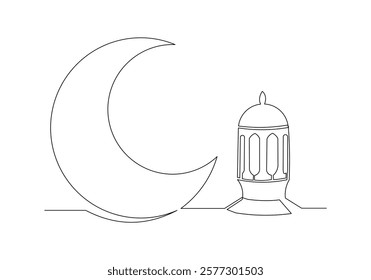 Continuous single line sketch drawing of moon crescent and lantern lamp ramadhan kareem ied mubarak islamic symbol one line art vector illustration