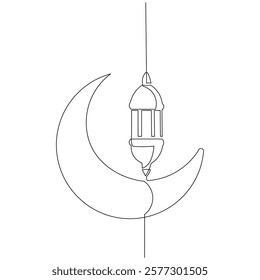 Continuous single line sketch drawing of moon crescent and lantern lamp ramadhan kareem ied mubarak islamic symbol one line art vector illustration
