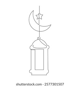 Continuous single line sketch drawing of moon crescent and lantern lamp ramadhan kareem ied mubarak islamic symbol one line art vector illustration