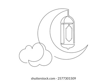 Continuous single line sketch drawing of moon crescent and lantern lamp ramadhan kareem ied mubarak islamic symbol one line art vector illustration