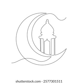 Continuous single line sketch drawing of moon crescent and lantern lamp ramadhan kareem ied mubarak islamic symbol one line art vector illustration