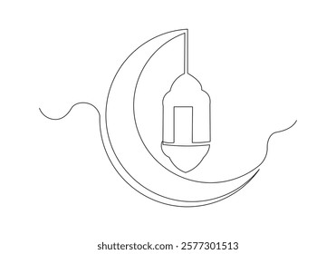 Continuous single line sketch drawing of moon crescent and lantern lamp ramadhan kareem ied mubarak islamic symbol one line art vector illustration