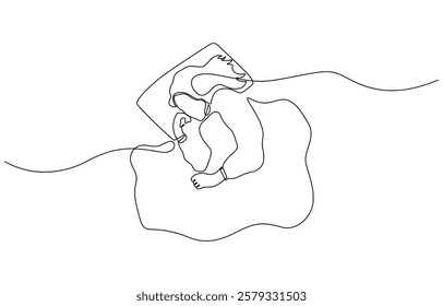 Continuous single line sketch drawing of woman sleeping on pillow bed one line lifestyle vector, Woman home sleep relax relax calm tired one line art design vector.