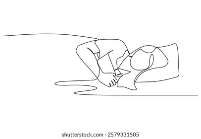 Continuous single line sketch drawing of woman sleeping on pillow bed one line lifestyle vector, Woman home sleep relax relax calm tired one line art design vector.