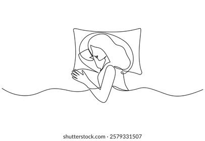 Continuous single line sketch drawing of woman sleeping on pillow bed one line lifestyle vector, Woman home sleep relax relax calm tired one line art design vector.