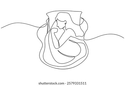 Continuous single line sketch drawing of woman sleeping on pillow bed one line lifestyle vector, Woman home sleep relax relax calm tired one line art design vector.