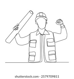 Continuous single line sketch drawing of male engineer architect conctrucstor building holding blue print roll paper professional occupation work one line vector illustration
