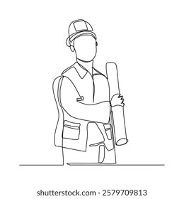 Continuous single line sketch drawing of male engineer architect conctrucstor building holding blue print roll paper professional occupation work one line vector illustration