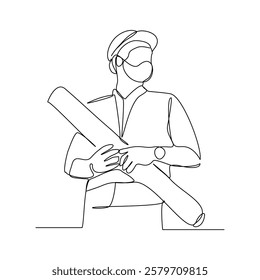 Continuous single line sketch drawing of male engineer architect conctrucstor building holding blue print roll paper professional occupation work one line vector illustration