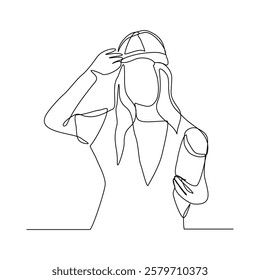 Continuous single line sketch drawing of female woman engineer architect conctrucstor building holding blue print roll paper professional occupation work one line vector illustration