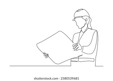 Continuous single line sketch drawing of female woman architect conctrucstor building or angineer mechanic looking for  blue print paper professional occupation work one line vector illustration