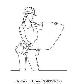Continuous single line sketch drawing of female woman architect conctrucstor building or angineer mechanic looking for  blue print paper professional occupation work one line vector illustration