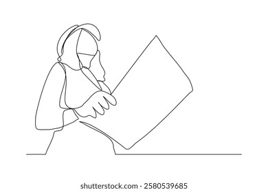 Continuous single line sketch drawing of female woman architect conctrucstor building or angineer mechanic looking for  blue print paper professional occupation work one line vector illustration