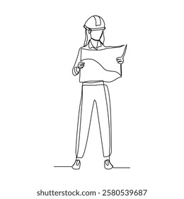Continuous single line sketch drawing of female woman architect conctrucstor building or angineer mechanic looking for  blue print paper professional occupation work one line vector illustration