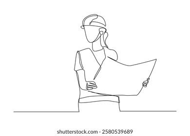 Continuous single line sketch drawing of female woman architect conctrucstor building or angineer mechanic looking for  blue print paper professional occupation work one line vector illustration