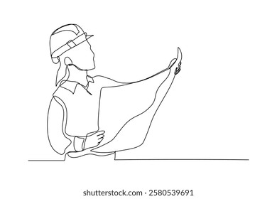 Continuous single line sketch drawing of female woman architect conctrucstor building or angineer mechanic looking for  blue print paper professional occupation work one line vector illustration