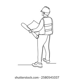 Continuous single line sketch drawing of male man architect construcstor building or angineer mechanic looking for  blue print paper professional occupation work one line vector illustration