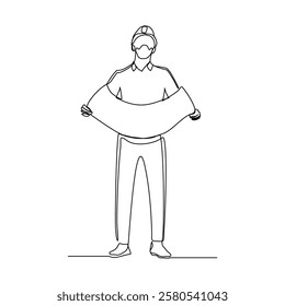 Continuous single line sketch drawing of male man architect construcstor building or angineer mechanic looking for  blue print paper professional occupation work one line vector illustration