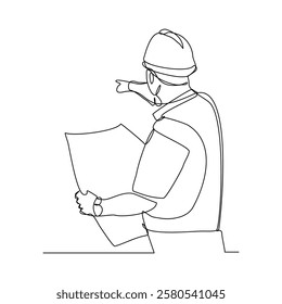 Continuous single line sketch drawing of male man architect construcstor building or angineer mechanic looking for  blue print paper professional occupation work one line vector illustration