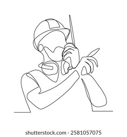 Continuous single line sketch drawing male architect engineer constructor building talking with walkie talkie radio control receiver. One line art of occupation professional work vector illustration