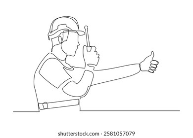 Continuous single line sketch drawing male architect engineer constructor building talking with walkie talkie radio control receiver. One line art of occupation professional work vector illustration