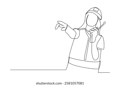 Continuous single line sketch drawing of architect engineer constructor building talking with walkie talkie radio control receiver. One line art of occupation professional work vector illustration