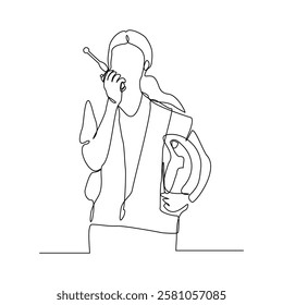 Continuous single line sketch drawing of architect engineer constructor building talking with walkie talkie radio control receiver. One line art of occupation professional work vector illustration