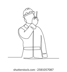 Continuous single line sketch drawing male architect engineer constructor building talking with walkie talkie radio control receiver. One line art of occupation professional work vector illustration