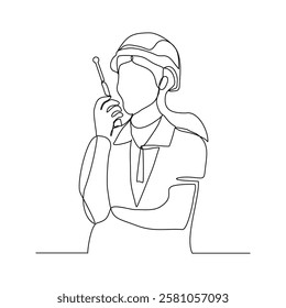 Continuous single line sketch drawing of architect engineer constructor building talking with walkie talkie radio control receiver. One line art of occupation professional work vector illustration