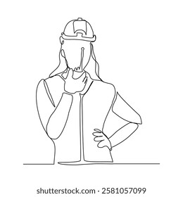 Continuous single line sketch drawing of architect engineer constructor building talking with walkie talkie radio control receiver. One line art of occupation professional work vector illustration