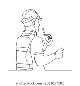 Continuous single line sketch drawing male architect engineer constructor building talking with walkie talkie radio control receiver. One line art of occupation professional work vector illustration