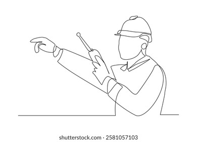 Continuous single line sketch drawing male architect engineer constructor building talking with walkie talkie radio control receiver. One line art of occupation professional work vector illustration