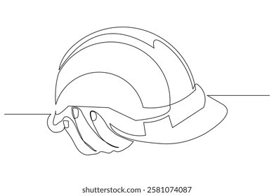 Continuous single line sketch drawing of hand holding safety helmet hardhat engineer architect head protection. One line art industrial equipment professional work vector illustration