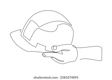 Continuous single line sketch drawing of hand holding safety helmet hardhat engineer architect head protection. One line art industrial equipment professional work vector illustration