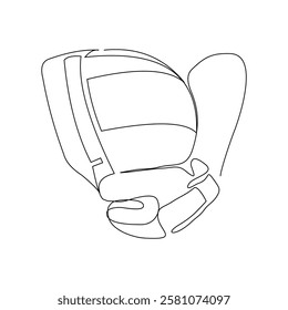 Continuous single line sketch drawing of hand holding safety helmet hardhat engineer architect head protection. One line art industrial equipment professional work vector illustration