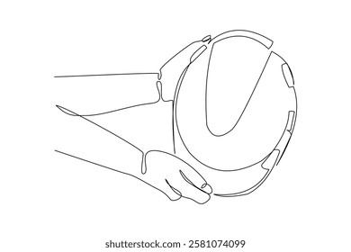 Continuous single line sketch drawing of hand holding safety helmet hardhat engineer architect head protection. One line art industrial equipment professional work vector illustration