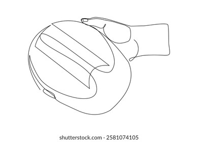 Continuous single line sketch drawing of hand holding safety helmet hardhat engineer architect head protection. One line art industrial equipment professional work vector illustration