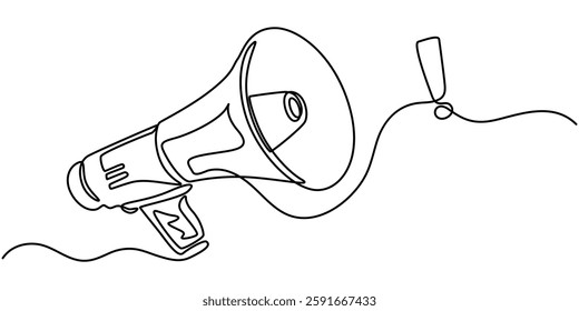 Continuous single line sketch drawing of megaphone exclamation mark attention warning sign one line vector illustration, Megaphone Continuous Line Icon, Megaphone Continuous Line Icon.