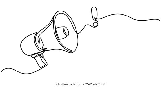 Continuous single line sketch drawing of megaphone exclamation mark attention warning sign one line vector illustration, Megaphone Continuous Line Icon, Megaphone Continuous Line Icon.