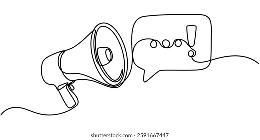 Continuous single line sketch drawing of megaphone exclamation mark attention warning sign one line vector illustration, Megaphone Continuous Line Icon, Megaphone Continuous Line Icon.