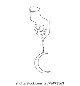 Continuous single line sketch drawing of hand holding islamic arabic crescent moon star ramadan kareem eid mubarak vector illustration