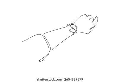 Continuous single line sketch drawing of people hand wearing wrist watch,Hand wearing a wristwatch in continuous line drawing. Minimalist illustration for beauty and fashion.