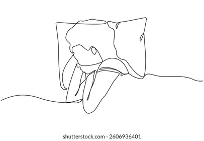 Continuous single line sketch drawing of woman sleeping on pillow bed one line lifestyle vector,  Female character is napping in bed.Continuous line drawing.