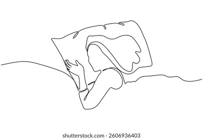 Continuous single line sketch drawing of woman sleeping on pillow bed one line lifestyle vector,  Female character is napping in bed.Continuous line drawing.