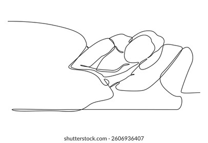 Continuous single line sketch drawing of woman sleeping on pillow bed one line lifestyle vector,  Female character is napping in bed.Continuous line drawing.