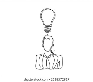 Continuous Single line sketch drawing of thinking man and brain bulb idea. One line art of business man thinking idea vector illustration. Editable stroke.