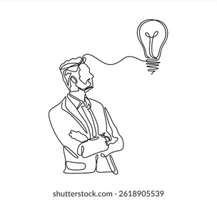 Continuous Single line sketch drawing of thinking man and brain bulb idea. One line art of business man thinking idea vector illustration. Editable stroke.