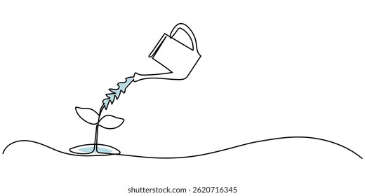 Dibujo continuo de boceto de una sola línea de regar puede plantar un árbol, regar el árbol Dibujo continuo de una línea.
