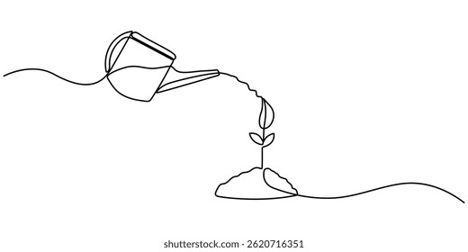 Dibujo continuo de boceto de una sola línea de regar puede plantar un árbol, regar el árbol Dibujo continuo de una línea.