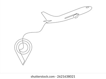 Dibujo continuo de boceto de una sola línea de un avión volando desde la ubicación del puntero del pin de los mapas. Una línea de arte de la Ilustración vectorial de turismo de vacaciones. Trazo editable.